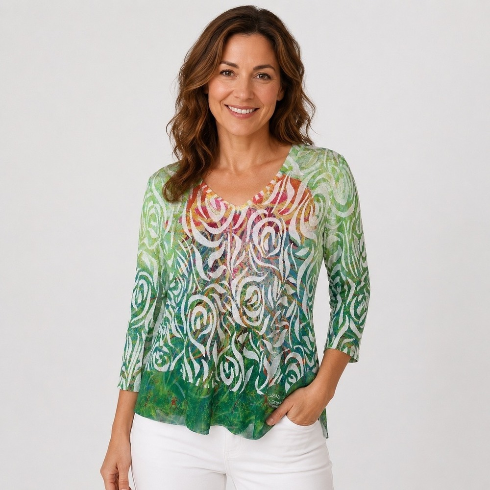 Leoma Lovegrove Artwear Top Womens S Colorful Mesh Burnout Casual 3/4 Sleeve